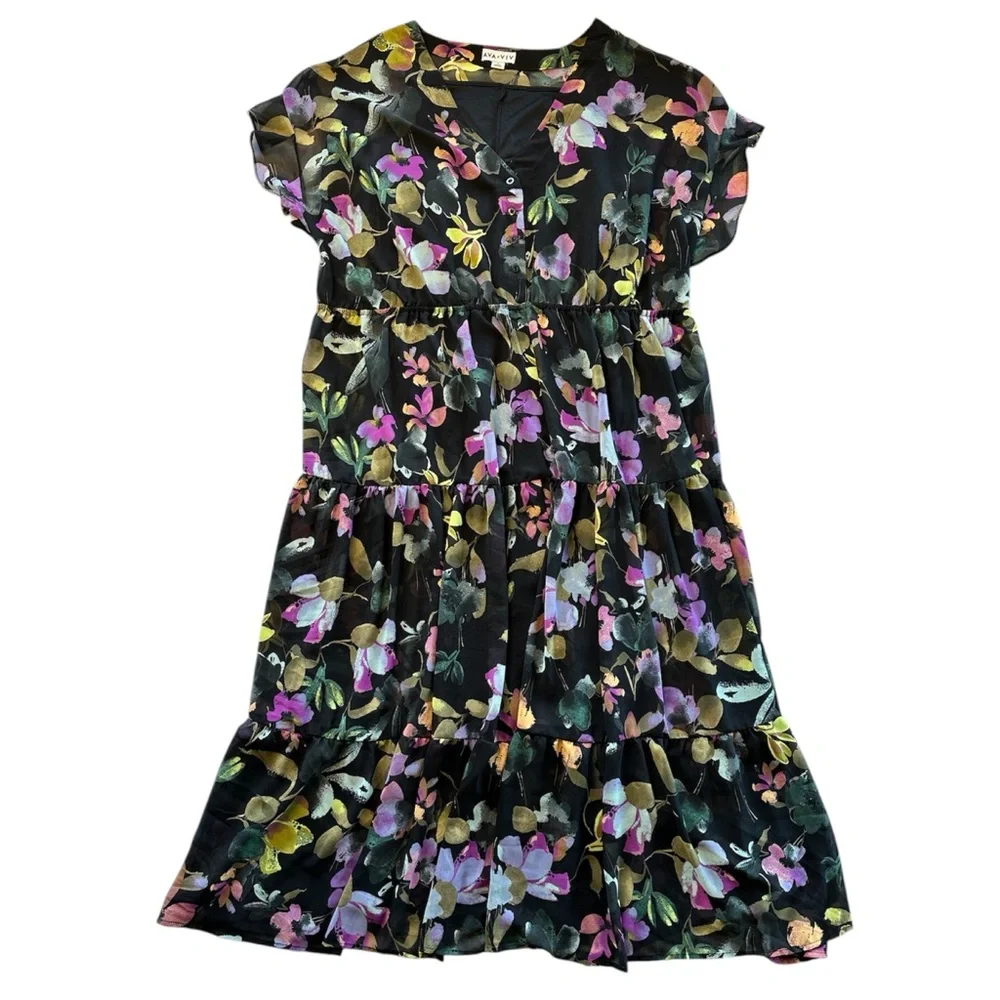 Ava & Viv Women 3X Maxi Dress Black Floral Multi Sheer Tiered Flutter Sleeves - Picture 2 of 14